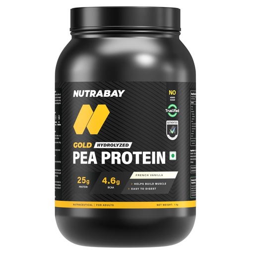 [BRSRGZT5CQFGO3DP] NUTRABAY Gold Hydrolyzed Pea Protein Powder - 1kg, French Vanilla | 25g Protein, 4.6g BCAA, 5g Fiber | Complete Amino Profile | Tastiest & Smoothest Vegan, Plant Protein | Muscle Gain & Fast Recovery