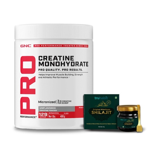 [BRSRAZITCMORYFDX] GNC Pro Performance Pure Micronized Creatine Monohydrate with Free Shilajit|400 gm & 10 gm Shilajit|133 Serving|Instantized|Fuels Muscles|Increase Muscle Mass|Unflavoured,powder,2 count,129 Servings