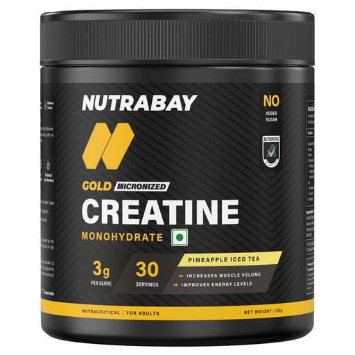 [BRSROAQBCJYGYC32] Nutrabay Gold Micronized Creatine Monohydrate 3g Creatine/Serving, NABL Lab Tested | DCD & DHT Tested | Increases Muscle Mass, Strength & Power – Pre/Post Workout Supplement – 120g, Pineapple Iced Tea