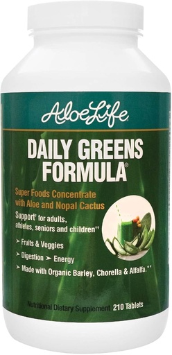 [BRSWKGYYAAIRACLO] Aloë Life - Daily Greens Tablets, Certified Organic Health Supplement, Antioxidants, 21 Fruits, Veggies, & Herbs Inclusief Aloë & Nopal Cactus, Low-Calorie, Keto-Friendly, Glutenvrij (210 tabletten)