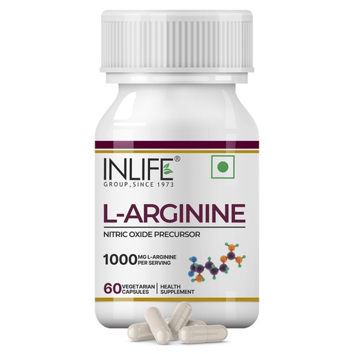 [BRSWECQKO4JQA332] INLIFE L-Arginine Supplement 1000mg, Nitric Oxide Precursor, 60 Veg Caps