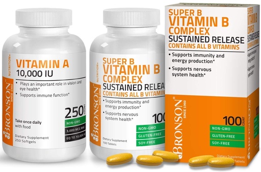 [BRSWYZQBB4HBQHQ2] Bronson Super B Vitamin B Complex Sustained Slow Release + Vitamin A 10,000 IU Premium Non-GMO Formula