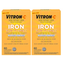 Vitron-C Iron Supplement, Once Daily, High Potency Iron Plus Vitamin C, Support Red Blood Cell Production, Dye Free Tablets, 60 Count, 2 Pack