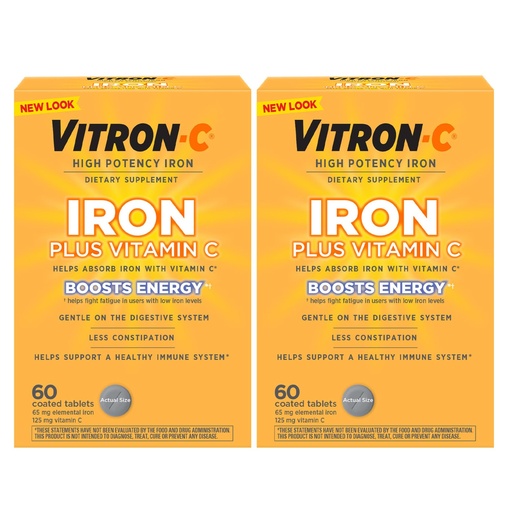 [BRSWGGQKDMJRAFL5] Vitron-C Iron Supplement, Once Daily, High Potency Iron Plus Vitamin C, Support Red Blood Cell Production, Dye Free Tablets, 60 Count, 2 Pack