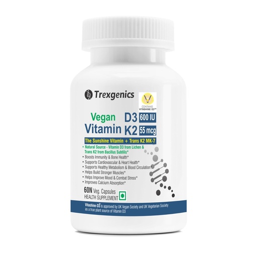 [BRSRGEL6AB4BYFAV] Trexgenics VITAMIN D3 + K2 SYNERGY, 600 IU from Vitashin D3 Lichen + TRANS K2 as MK7 55 mcg Bone, Cardiovascular, Immunity (60 Veg Capsules)