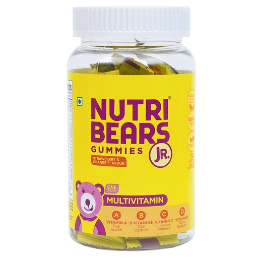 [BRSWGCYTCF4GK3IZ] NutriBears Kids Multivitamin Gummies | 12 Essential Nutrients | No Artificial Colours or Sweeteners | Low Sugar | Immunity, Growth & Brain Development | Age 2-12 | Strawberry & Orange | 30 Gummy Bears