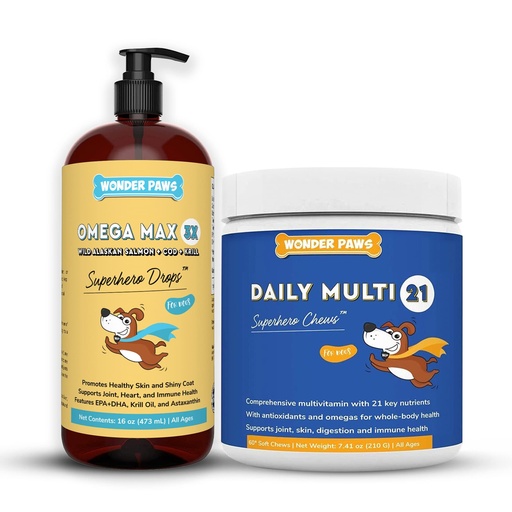 [BRSW2EAOOUCA4ELK] WONDER PAWS Omega Max Fish Oil Plus Daily Multivitamin Chews - for Dog Joint Health, Skin Moisture, Immune System Support & Daily Wellness - Omega Max 16 Ounces - Multivitamin 60 Chews