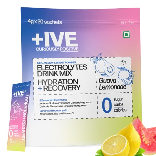 [BRSRGBICOQHA4HI4] Curiously +IVE(Positive) Electrolyte Powder No Sugar - 20 Sachets | Mix Flavour (Guava + Lemonade) | Zero Sugar, Zero Carbs, Zero Calories | 8 Essential Electrolyte Sachets | Hydration + Recovery | Health Supplement Powder | ORS | Sugar free drink