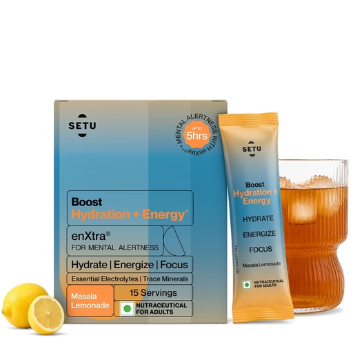 [BRSRGCALBFYA4HTP] Setu Boost Hydration + Energy Electrolyte Powder Sachets with No Caffeine | Enriched with enXtra® | Masala Lemonade Flavor | 15 Sachets
