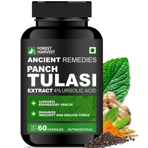 [BRSREYYPBMBQAA3O] Panch Tulasi Extract (4% Ursolic Acid) with Curcumin Complex, Ashwagandha Root Extract, Ginger Extract & Piperine | 1000 mg Per Serving | 60 Capsules | Supports Immunity & Inflammation