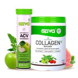 OZiva Vegan Collagen (Guava Glow) With Biotin & Vitamin C For Brighter & Youthful Skin 250 G And Acv For Weight Loss|3-In-1 Fat Oxidation,15 Effervescent Tablets (Green Apple)