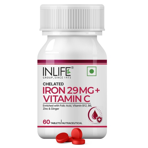 [BRSRYGQBDMBBECDX] INLIFE Chelated Iron 29mg, Vitamin C, Zinc, B12, B6, Folic Acid, 60 Tablets