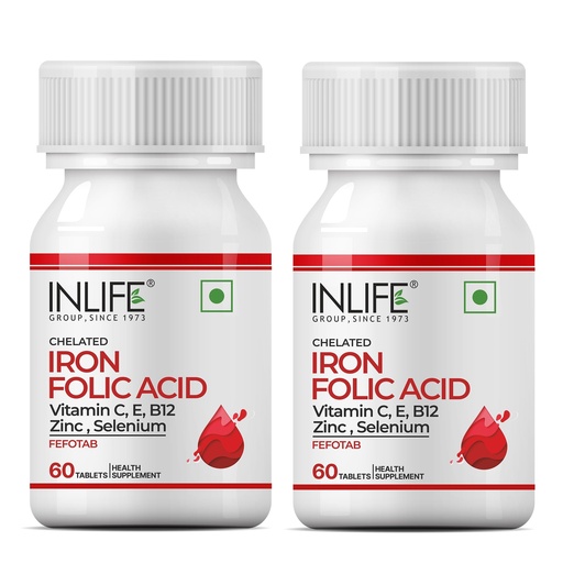 [BRSWKHD4AR7QGGTX] INLIFE Iron Folic Acid, Ferrous Bisglycinate, 60 Tablets, (Pack of 2)