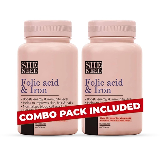 [BRSWYGQHPMJRUELL] SheNeed Folic Acid & Iron Supplement For Men & Women For Energy, Skin,Hair, Nail Growth, Blood Health & Fetal Health Veg Tablets, 60 Count