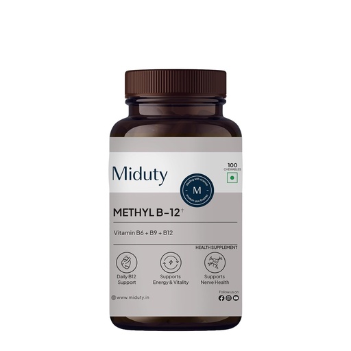 [BRSRY2Y3B57BQCLD] Miduty Vitamin B12 Supplement - Bioactive B-Complex with B6, B9, B12 – Daily Energy Support - Triple Formula for Mood, Brain & Nerve Support – Fast Absorbing Chewable – 100 Veg Tablets