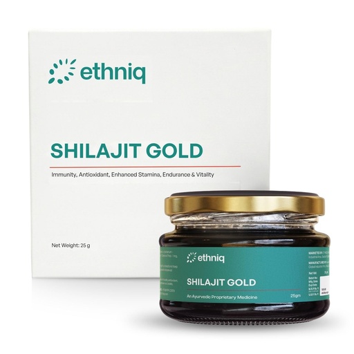 [BRSREEL7BMIQ23DZ] Ethniq Himalayan Shilajit Gold Resin 25g with Swarna Bhasma | 250mg/Serving | 100 Servings | Supports Energy, Strength, Stamina & Vitality | Lab Tested | AYUSH Approved | 75%+ Fulvic Acid & 80+ Minerals