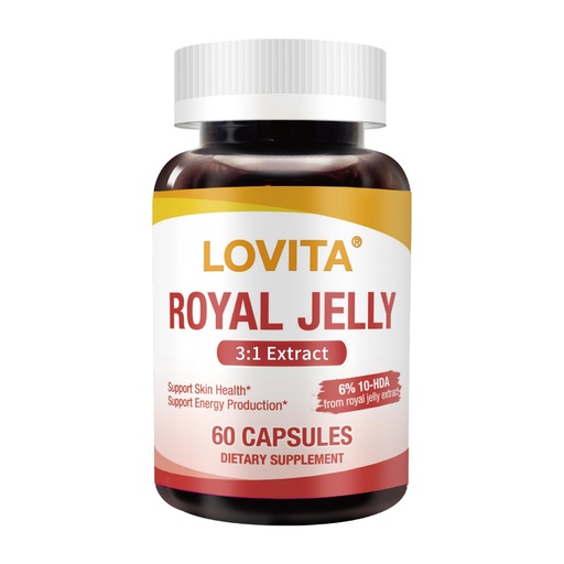 [BRSRAAIFPJ5GCA3U] LOVITA Royal Jelly 333 mg, 3:1 Concentrate, with 20mg 10-HDA, Natural Source Super Food, Supports Skin Health & Energy Production, 60 Capsules
