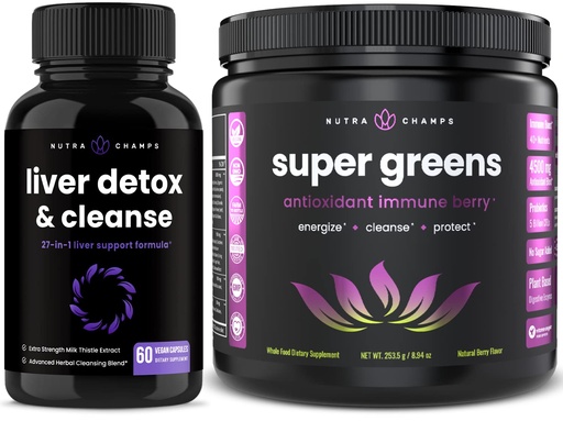 [BRSRMZQLBNYAKHT4] NutraChamps Liver Cleanse Detox Capsules and Super Greens Antioxidant Superfood Powder Bundle