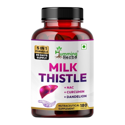 [BRSREBQTOYOWG23H] Humming Herbs Milk Thistle Supplement 1140mg Liver Support Formula with NAC, Curcumin, Dandelion and Black Pepper - Bioavailable Detox Supplement - Capsules - 180 Count