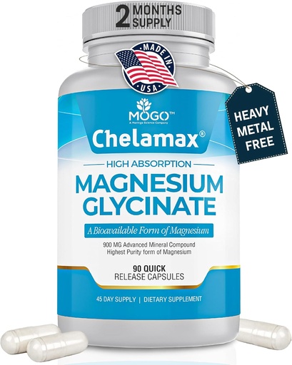 [BRSRAEAPC4HQ4AD7] Chelamax Magnesium Glycinate. Mar Muerto Fuente, Magnesio 100% Chelated para el soporte para dormir, calambres musculares, salud ósea. Hecho en EE.UU., 3er Partido Tested,Heavy Metal Free,Glicinato de Magnesio Capsules.