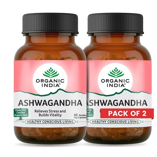 [BRSWKFAIBAGQ2FQV] A TATA Product - Organic India Ashwagandha Capsules - 60 Veg Caps (Pack of 2), For Vitality & Relieves Stress, Naturally Boosts Energy & Stamina, Improves Immune System