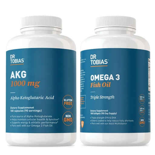 [BRSRAFAPOAFQADI6] Dr. Tobias AKG Supplement & Omega 3 Fish Oil, Support Cellular Energy & Overall Health with AKG and Triple-Strength Omega 3 EPA & DHA, Non-GMO