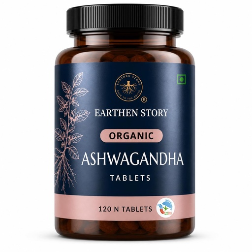 [BRSRY2Y3OVYB4EY3] Earthen Story Certified Organic Ashwagandha Tablets (120 Tablets) | Lab Tested for 190+ Pesticides | Ayurvedic Root Adaptogen for Stress, Sleep & Strength | Vegan, Non-GMO