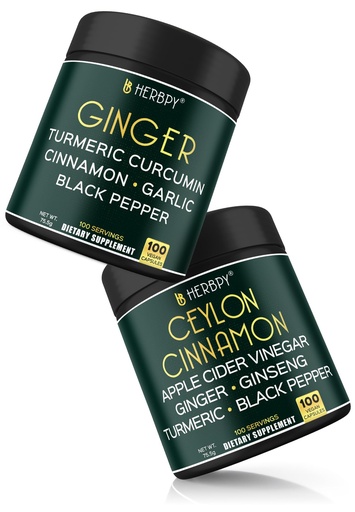 [BRSRAGAPOZ5BEA34] Herbpy Bundle 5in1 Ginger Supplements 755mg/serving (100 Capsules) & 6in1 Premium Ceylon Cinnamon Capsules 755mg/serving (100 Capsules)