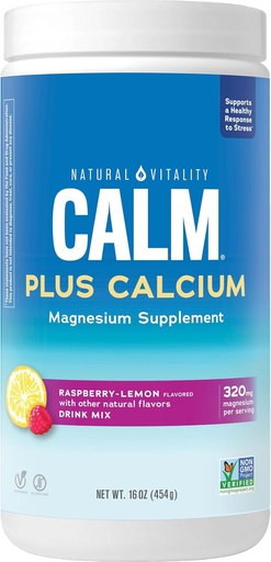 [BRSWIYIAO4MWOE36] Natuurlijke vitaliteit Kalm, Magnesium & Calcium Supplement, Drink Mix Poeder Ondersteunt een gezonde respons op stress, Glutenvrij, Veganistisch, & Non-GMO, Raspberry Citroen, 16 oz