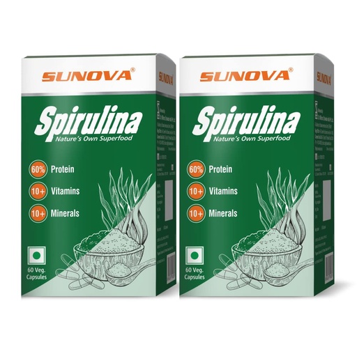 [BRSWGZA6DICQM23B] SUNOVA Spirulina Capsules – Nature’s Own Superfood and Plant based Nutritional Supplement , 60% Protein, full of Multivitamins ,Minerals & Antioxidants - Spirulina for Full Body Support & Energy – 60 Capsules (Pack of 2)
