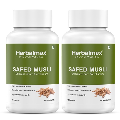[BRSRA2T5OB6RY3Q4] Herbalmax Safed Musli Capsule for Natural Energy & Immunity Booster, Support Body Strength, Stamina, Stress Relief, Performance Enhancer for Men & Women – 120 Capsule