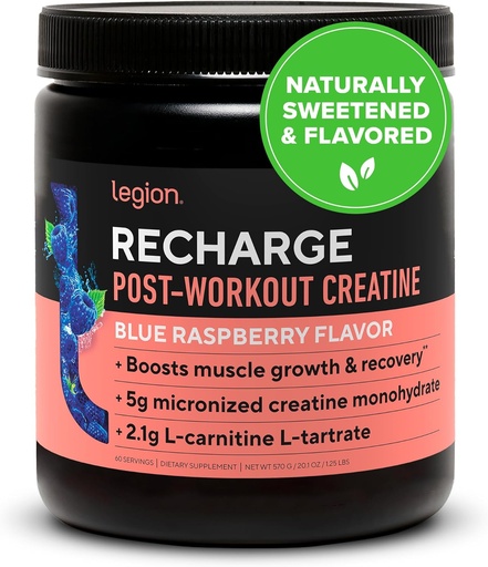 [BRSW2GABCQMAY3Y2] Legion Recharge Post Workout Supplement - All Natural Muscle Builder & Recovery Drink With Micronized Creatine Monohydrate. Naturally Sweetened & Flavored, Safe & Healthy. (Blue Raspberry, 60 Serving)