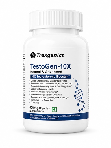 [BRSWGCQPO56RS33V] Trexgenics Testogen-10X Synergistic Action with Ashwagandha withanolides, Fenugreek & Tribulus saponins, Boron Glycinate,Zinc,Aspartic acid,D3,B6,B9,B12(60 Veg capsules)