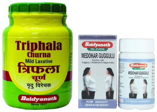 [BRSROGQEOIAQG336] Baidyanath Medohar Guggulu 120 Tab & Baidyanath Nagpur Triphala Churna, Vitamin C, Iron & Zinc, Natural,Pack of 500 g COMBO