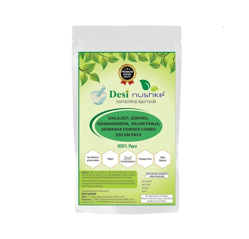 [BRSREBDROZYBMAAU] 200 gm Shilajit, Gokhru, Ashwagandha Root, Salam Panja & Akarkara Root Powder Combo | Stamina, Vitality & Power Booster |Pure Natural Herbal Blend for Men