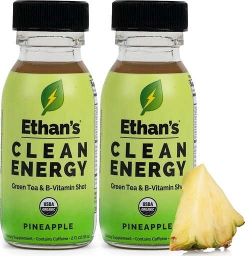 [BRSWYBL2B4OQM33X] Ethan's Organic Clean Energy Shots Pineapple, 2 Pack of 2oz | 150mg Caffeine | Green Tea, Guayusa, Lion's Mane & Cordyceps | Sugar-Free, Vegan, Gluten-Free, USDA Organic