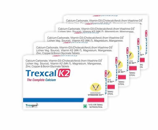 [BRSWYY32AUCR4DI4] Trexgen TREXCAL-K2 The COMPLETE CALCIUM with Elemental Calcium 500 mg; Vitamin D3(Stabilized)400 IU; Vit. K2-7 55 mcg & BONE MATRIX Minerals Magnesium; Boron; Zinc; Manganese & Copper(5x10=50 Tablets)