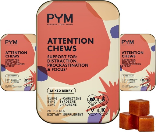 [BRSROAYZBYNAOGTJ] PYM Attention Chews Support for Procrastination, Focus & Productivity, 60 Count | 518mg L-Carnitine, 54mg Tyrosine, 11mg L-Taurine - Caffeine-Free | All-Natural Mood Boost Supplement Made in USA