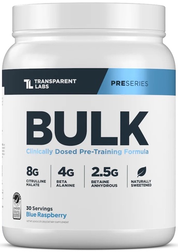 [BRSROAL2CINGCG3G] Transparent Labs Bulk Pre Workout Powder - Naturally Sweetened Advanced Pre-Workout Formula for Muscle Building and Strength - 30 Servings, Blue Raspberry