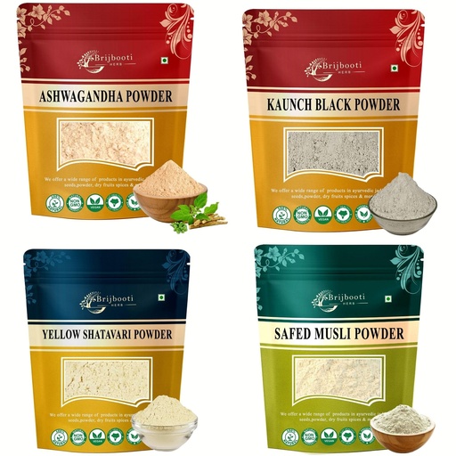 [BRSWGBATOJ6Q4ADX] Birju Mahavir Combo Pack of Safed Musli Ashwagandha Kaunch Shatavari 100 Each, Multi-colored, Powder, 400 gram