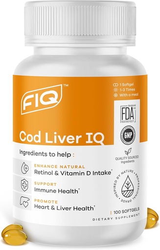 [BRSROCYFBV6BEGYZ] FIQ - Cod Liver IQ - Cod Liver Oil Softgels - Naturlig kilde til vitaminer A & D og Omega-3 fettsyrer - hjerte, lever og immun helse - 100 Softgels