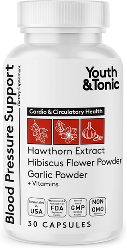 [BRSW2EIBAQMBSGYY] Youth & Tonic Natural Blood Pressure Support Supplement w/Hawthorn Hibiscus & High Potency Diuretic Herbs & Vitamins for Water Retention | 30 BP Capsules to Maintain a Good Health | Women & Men