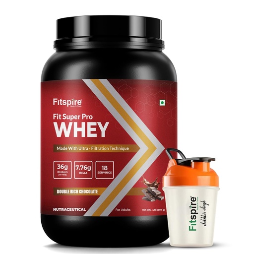 [BRSROCQ5AQOQMAAV] Fitspire Fit Super Pro Whey Protein Powder, Double Rich Chocolate, With Shaker | Whey Isolate & Concentrate Blend | 36g Protein per 100g | Enzymes & Probiotics | Supports Muscle Growth & Recovery | No Added Sugar