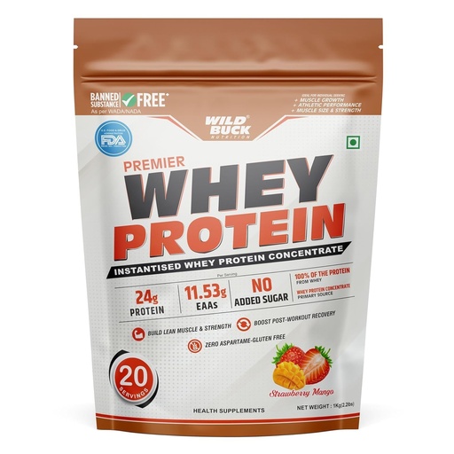 [BRSROAAEAF5AK3Y6] WILD BUCK Premier Whey Protein Concentrate 100%, 24G High Protein, 5.43G Bcaa, 11.53G Eaa & Added Digestive Enzymes|Muscle-Building Whey Protein Powder|For Men & Women [1Kg, Strawberry Mango]