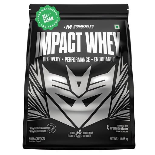[BRSRGCY2C4GRE23P] Bigmuscles Nutrition Impact Whey Protein Isolate & Concentrate [1.035kg, Rich Chocolate] | 24g Protein | ProHydrolase Enzyme Technology | Powered By Stevia | 3rd Party Tested