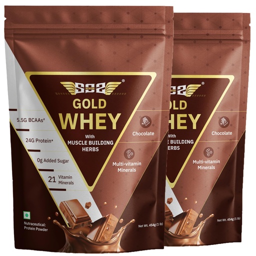 [BRSRMFAROADWEE3H] SOS Nutrition Gold Whey Protein Powder (Chocolate 454g) (Pack of 2) For Men Women 24g Whey Protein in 2 Scoop, 5.5g BCAAs, 30 Serving, Ashwagandha, Musli, Faster Muscle Recovery