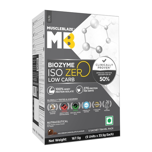 [BRSREFQLOUORO3LG] MuscleBlaze Biozyme Iso-Zero Whey Protein Isolate Powder, 5 Sachets