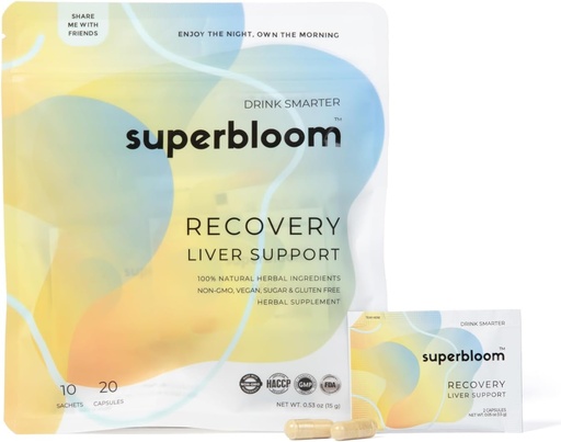 [BRSW2BANDMNBOEIV] superbloom Recovery Liver Support | Liver Detox with DHM, Turmeric, Milk Thistle | 10 Sachets, 20 Capsules | Enjoy The Night, Own The Morning