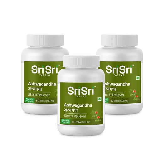 [BRSWGGANCQPQKC33] Sri Sri Tattva Ashwagandha - 500mg Tablet - 60 Count (Pack of 3) - Herbal Immunity & Energy Booster Made with Pure Ayurvedic Ingredients for Anxiety & Stress Relief, Enhanced Strength & Vitality