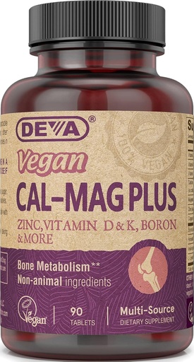[BRSWIYYMPMHAYHDC] DEVA Vegan Cal MAG Plus Supplement with Calcium, Magnesium, Zinc, Boron, Vitamin C, D & K, 90 Tablets, 12-Pack